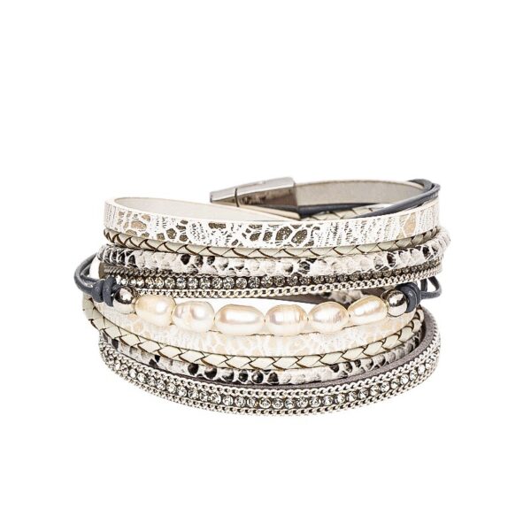 Wholesale Freshwater Pearl Cowhide Rope Bracelet with Diamond Multi-layer Magnet Buckle