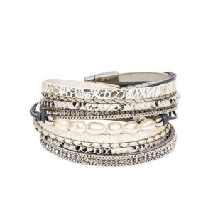 Wholesale Freshwater Pearl Cowhide Rope Bracelet with Diamond Multi-layer Magnet Buckle
