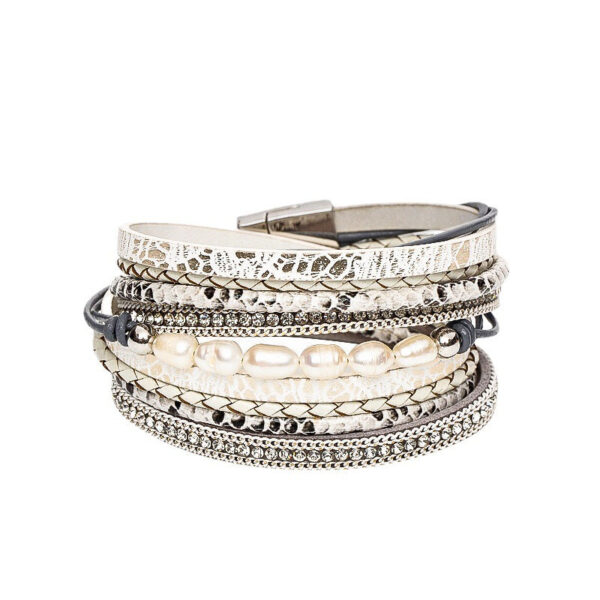 Wholesale Freshwater Pearl Cowhide Rope Bracelet with Diamond Multi-layer Magnet Buckle