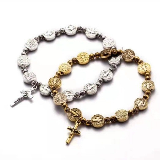 O1CN01pji85z23OirZp6Yle_3687567246-0-cib Wholesale Gold and Silver 2-color Saint Benedict Exorcism Cross Alloy Bracelet