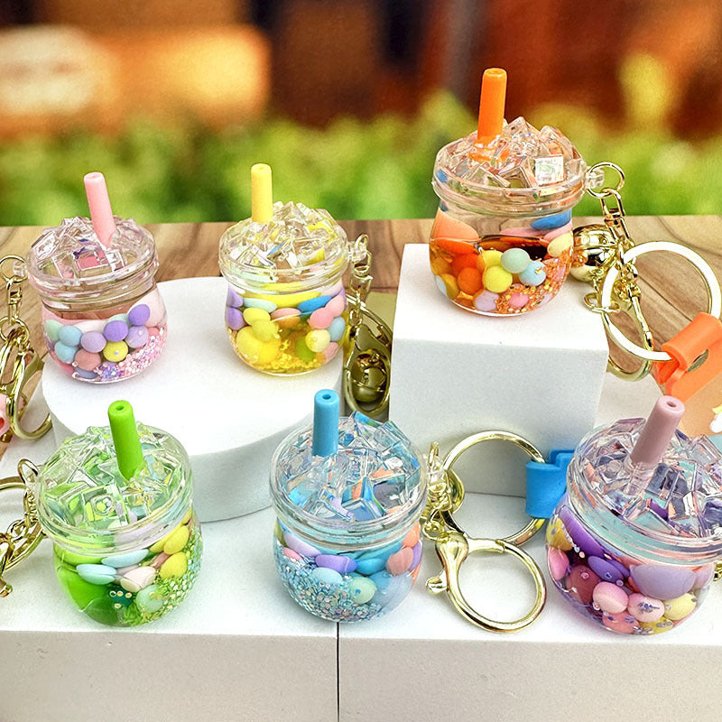 Wholesale Oil Filled Colored Milk Tea Cs Plastic Keychains