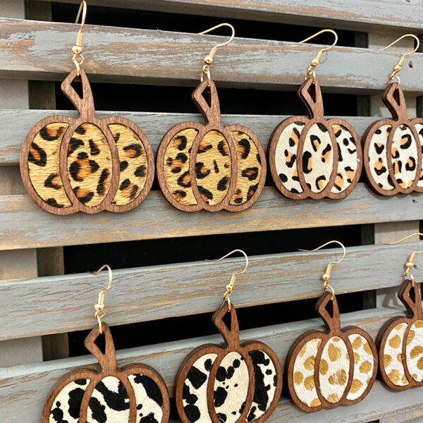 Wholesale Halloween Pumpkin Leopard Pattern Hollowed Out Leather Earrings