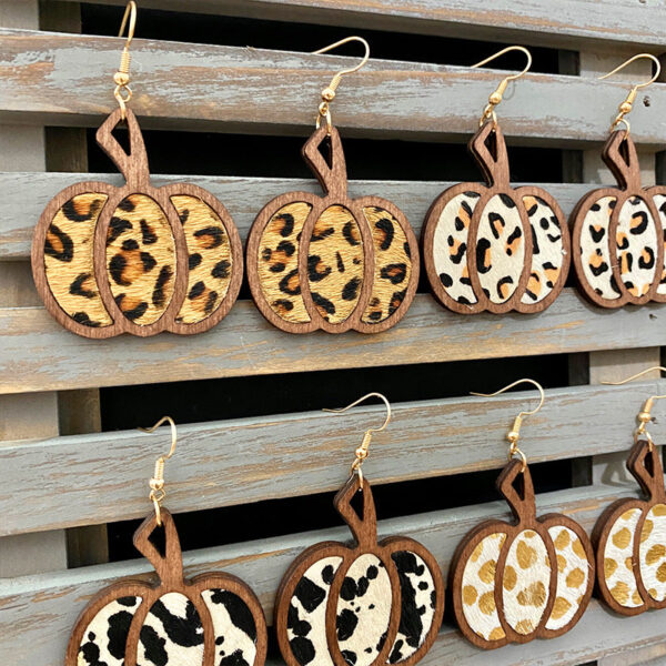 Wholesale Halloween Pumpkin Leopard Pattern Hollowed Out Leather Earrings