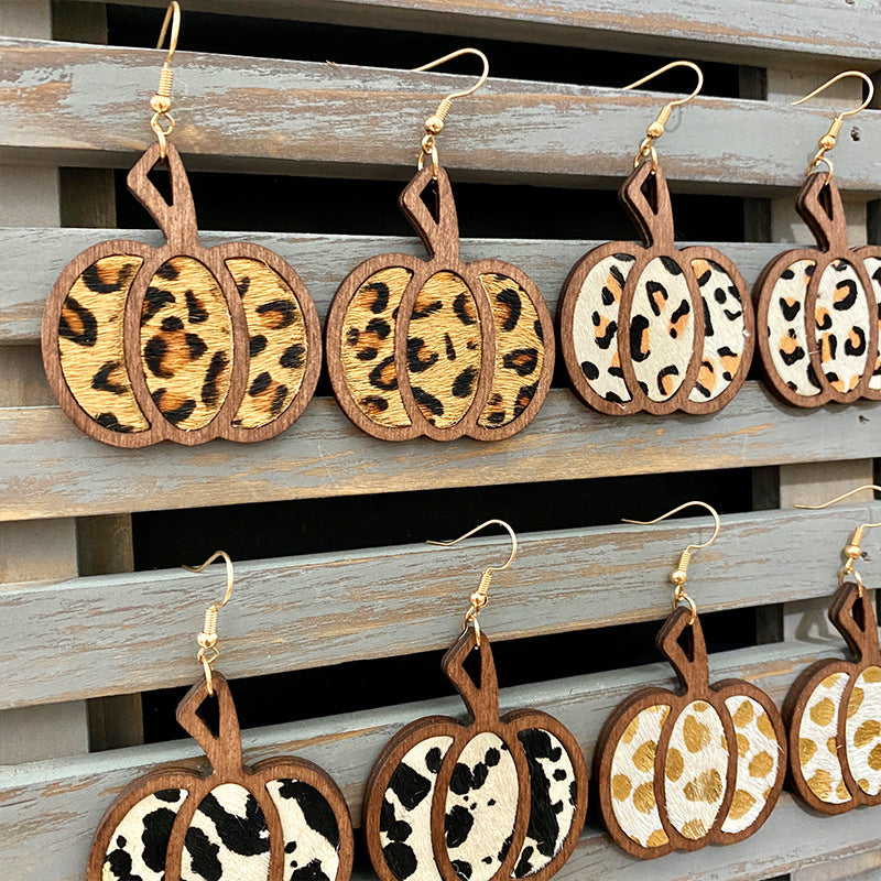 Wholesale Pumpkin Leopard Pattern Hollowed Out Leather Earrings