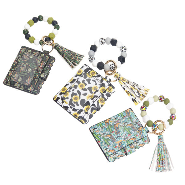 O1CN01q6ar0G1b72CY11H8A_2208367413417-0-cib Wholesale Leopard Print Sunflower Card Holder Tassel Silicone Beaded Wrist Keychain