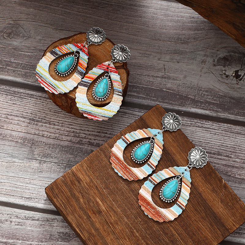 Wholesale Cross Border Western Style Vintage Color Leather Earrings Gemstone Flower Earrings Fashion Simple Amazon AliExpress
