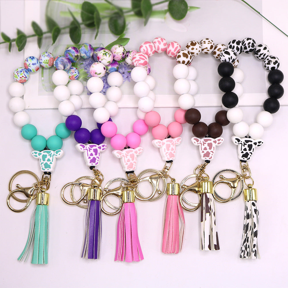 Wholesale Cow Pattern Cow Head Silicone Beaded Wrist Keychain