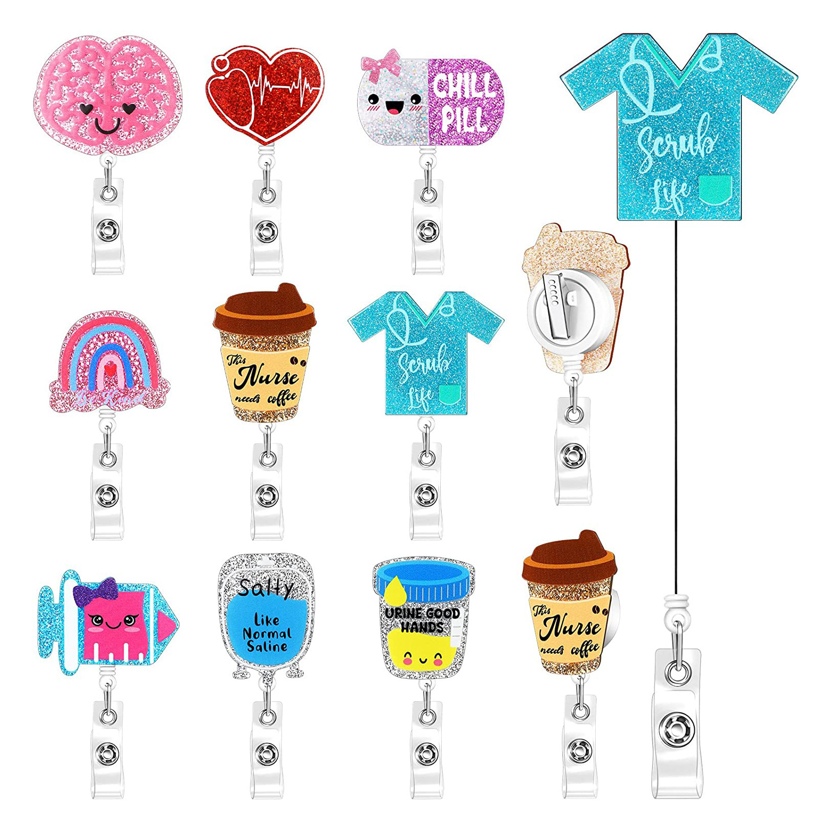 Wholesale Glue glitter acrylic patch syringe brain rainbow retractable rotating easy-to-pull alligator clip ID buckle