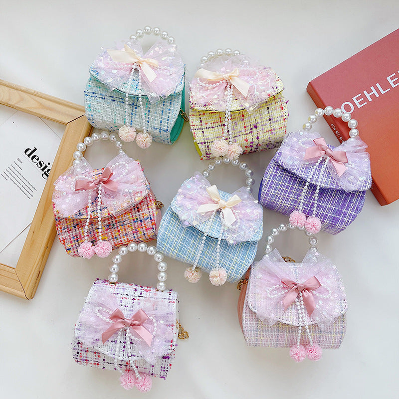 Wholesale Cotton Linen Pearl Bow Kids Shoulder Bag