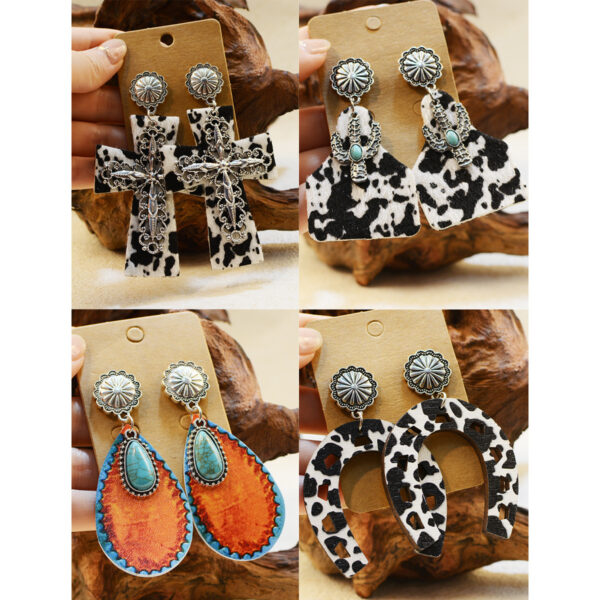 Wholesale of Western Wind Cow Pattern Turquoise Alloy Horseshoe Leopard Pattern Cross Leather Earrings