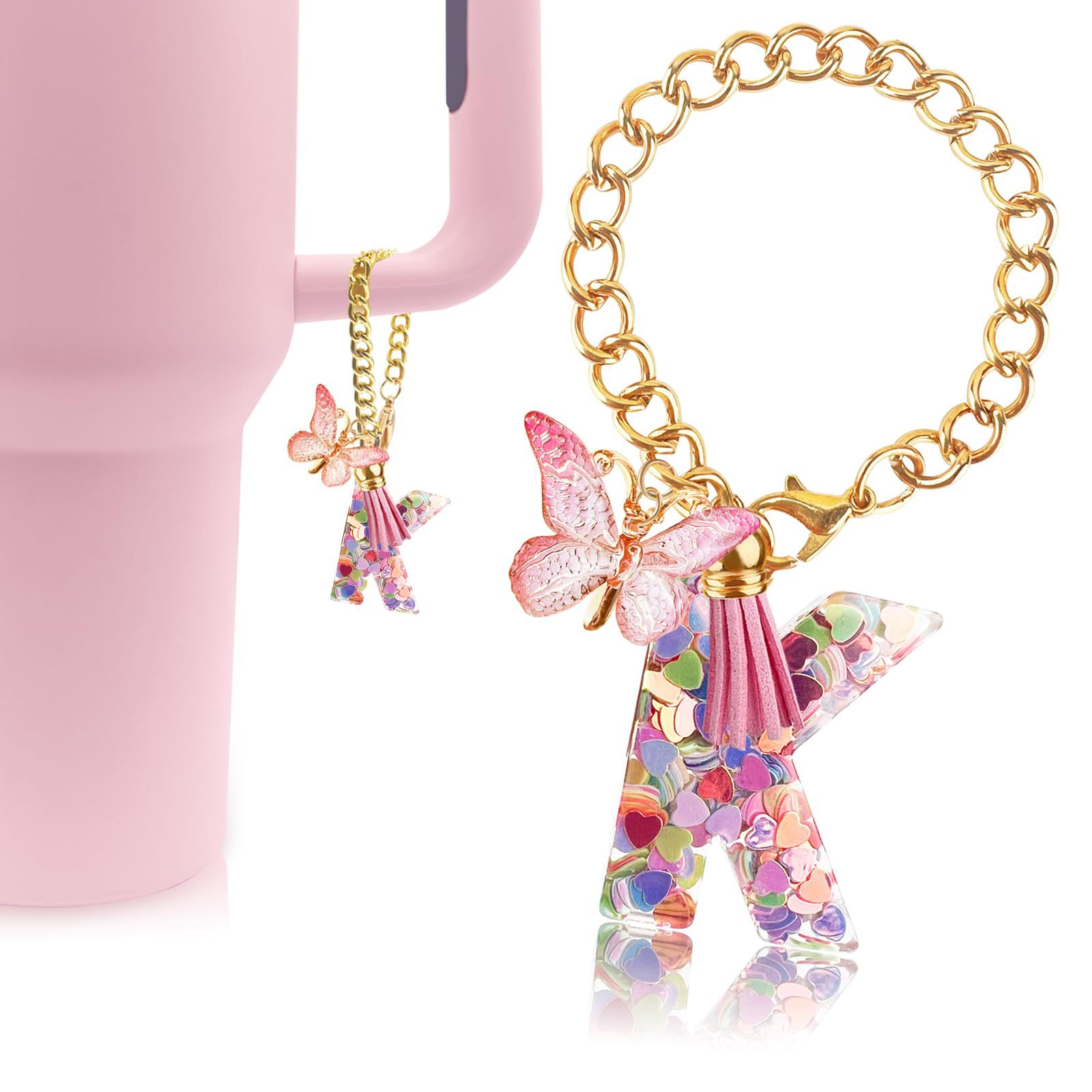 Wholesale c chain 26 letters love pendant glitter tassel decorative resin butterfly color letter key