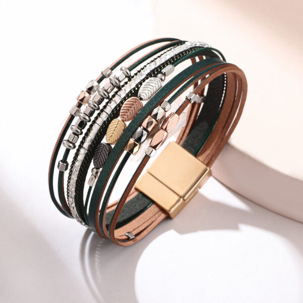 Wholesale Bohemian Leather Braided Tree Leaf Magnetic Clasp Bracelet