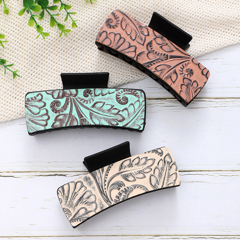 Wholesale Solid Color Printed Texture All-match Shark Clip Vintage Leather Grab Clip