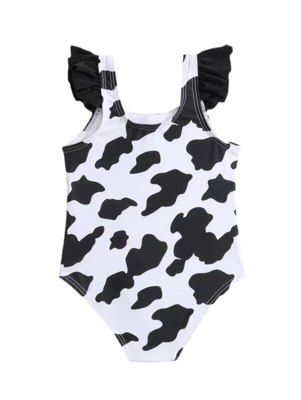 Wholesale Baby Girls Ruffles Dairy Cow Black and White Printed Bow One Piece Swimwear