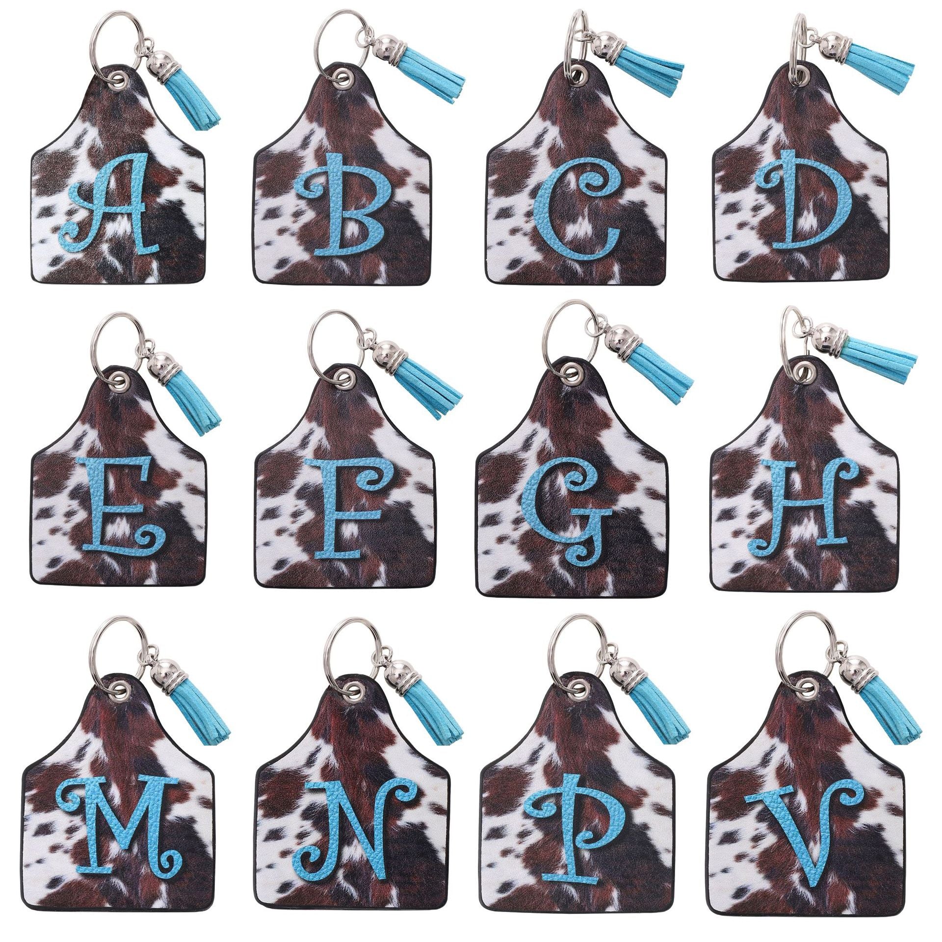Wholesale Leather Western Cow Pattern Animal Fur Letter Printing Leather Oil Edge Keychain