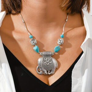 Alloy elephant rose-turquoise necklace