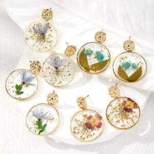 Wholesale Round Tin Foil Drip Glue Dried Flower Pastoral Style Earrings