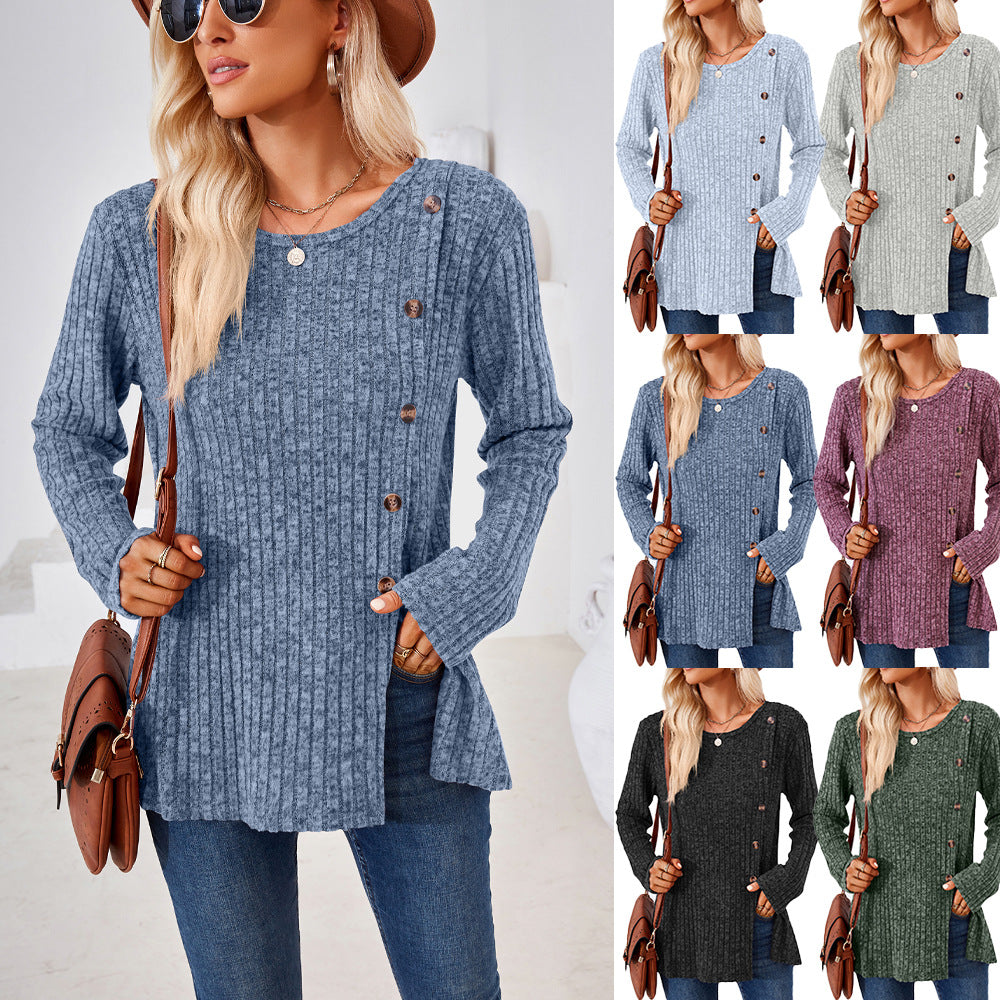 Wholesale Autumn and Winter Round Neck Solid Color Patchwork Button Long Sle Loose T-shirt