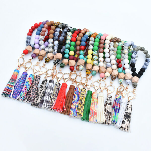 Wholesale Wooden Bead PU Printed Tassel Pendant Wrist Keychain