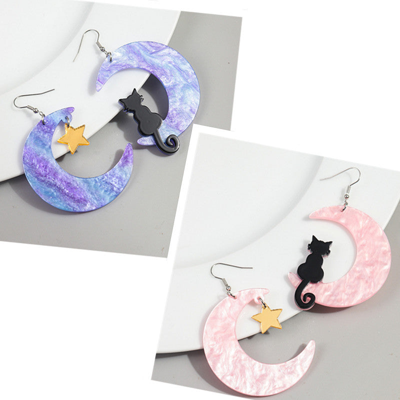 Wholesale Asymmetric Acrylic Moon Cat Creative Exaerated Earrings