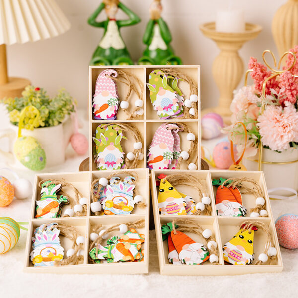 Wholesale Easter 4-grid Wooden Boxes with Wooden Dwarf Radish Pendant Decorations