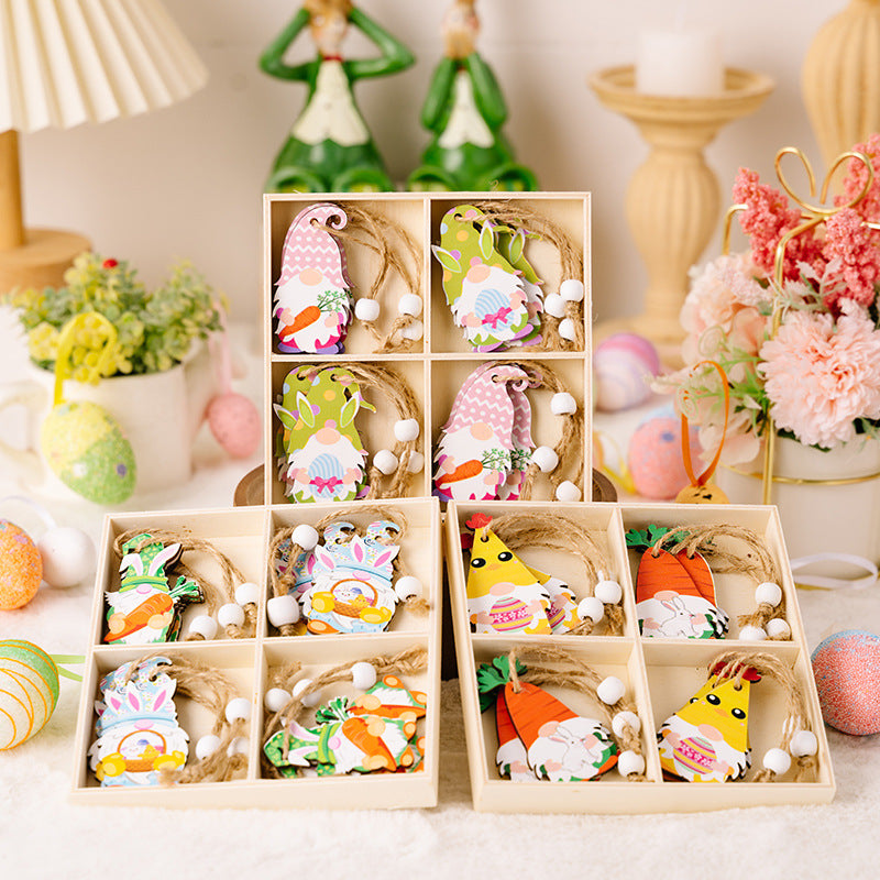 Wholesale Easter 4-grid Wooden Boxes with Wooden Dwarf Radish Pendant Decorations