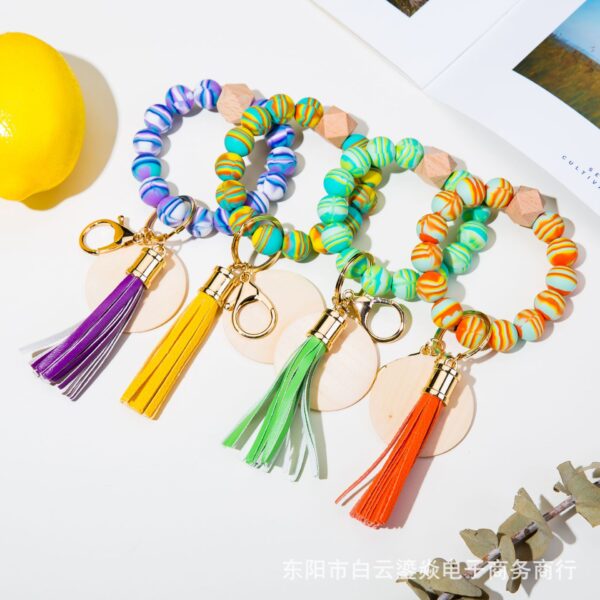Wholesale Silicone Bead Wood Chip Bracelet Keychain
