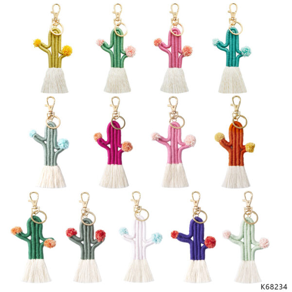 Wholesale Braided Cactus Bohemian Flower Tassel Cotton Rope Keychain