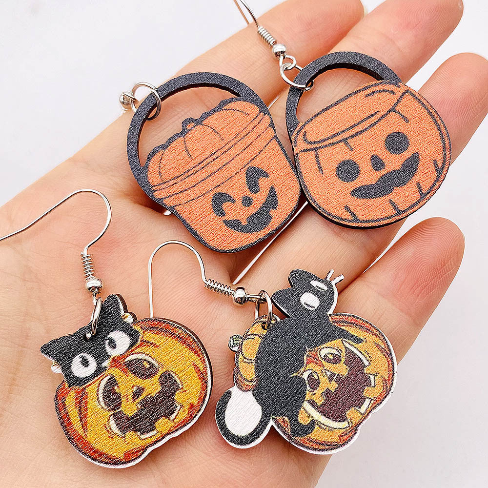 Wholesale Smiley Pumpkin Black Cat Candy Hand Basket Wooden Earrings