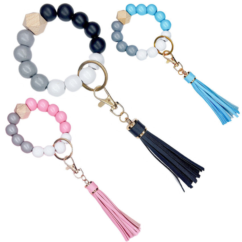 Wholesale Wood Imitation Silicone Beads Tassel Wrist Keychain