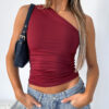 Wholesale Polyester Solid Color Single Shoulder Open Back Pleated Women's Tank Top T-shirt