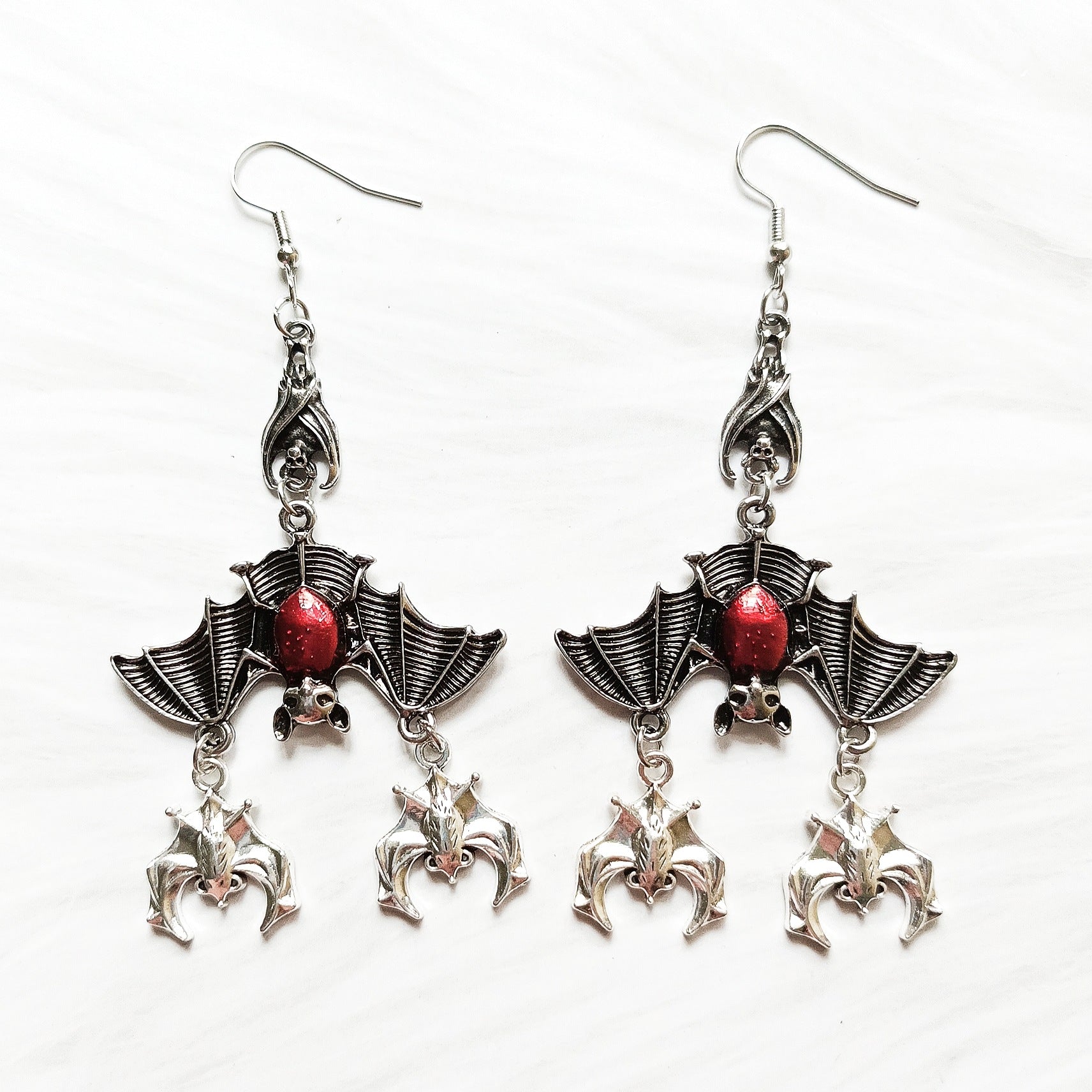 Wholesale Gothic Evil side Down Red Oil ip Bat Pendant Earrings