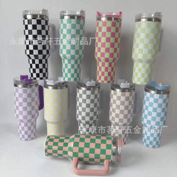 Wholesale Tumbler Stainless Steel Double-layer Insulation 40oz Checkerboard Handle Ice Cup