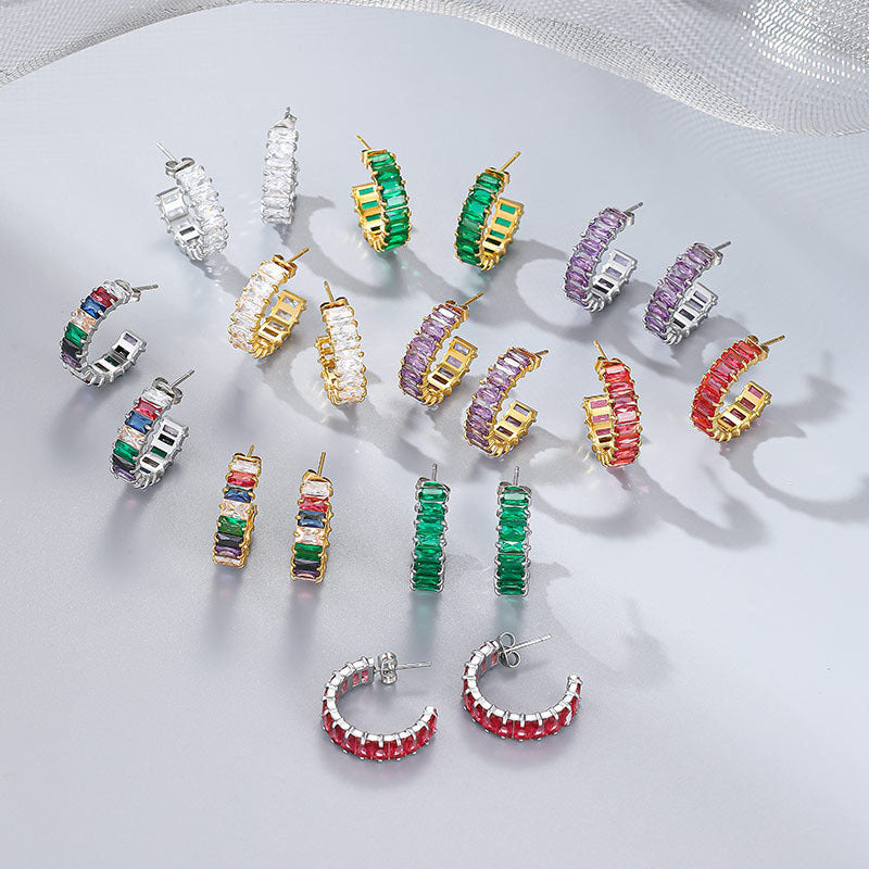 Wholesale Colored Zircon Stainless Steel Gold Plated C Shape Earrings