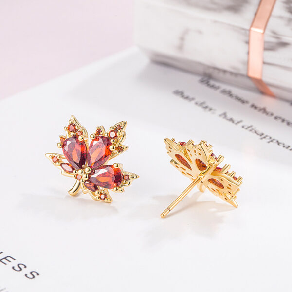 Wholesale Red Zircon Maple Leaf Copper Earrings