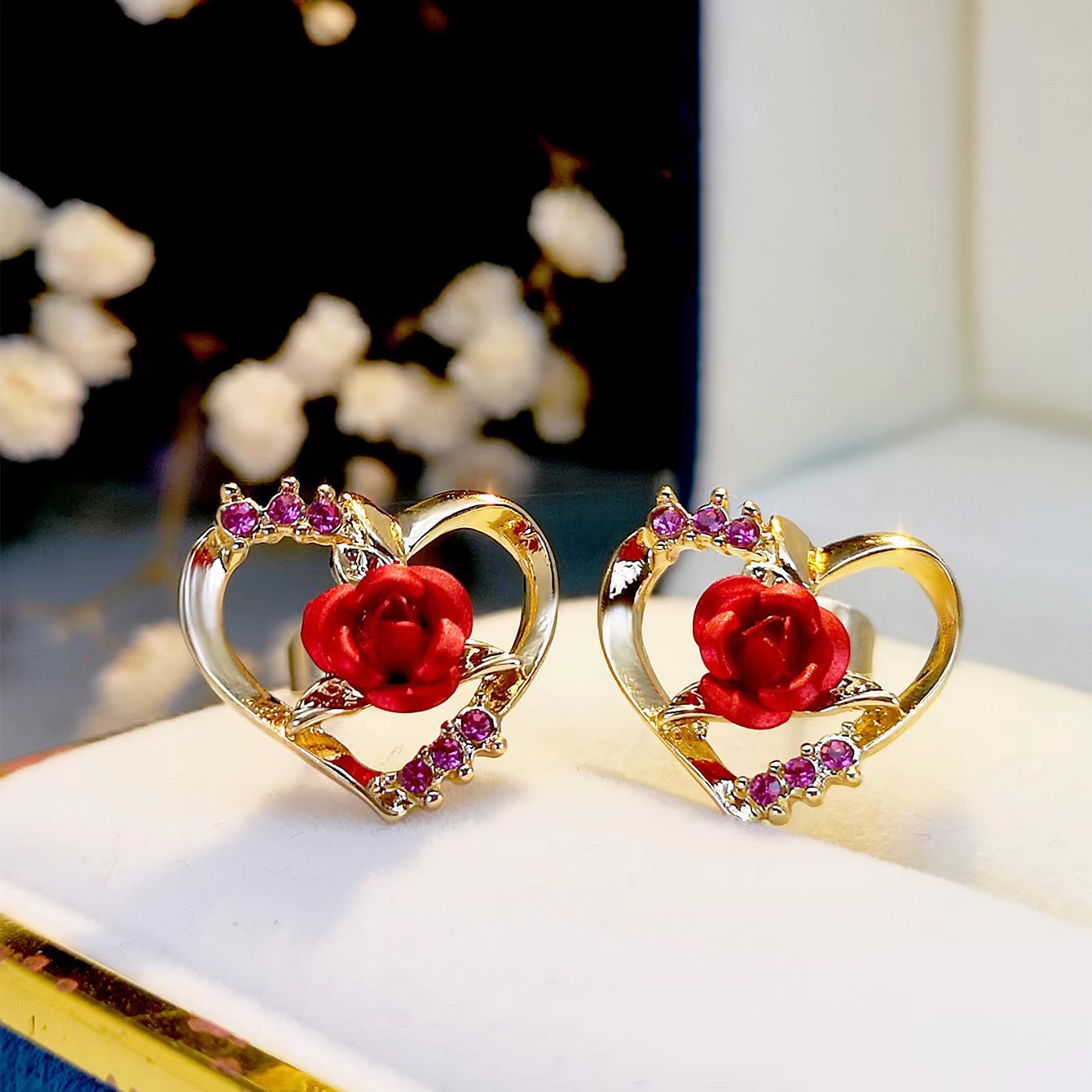 Wholesale Hollow Heart Rose Metal Ear Studs