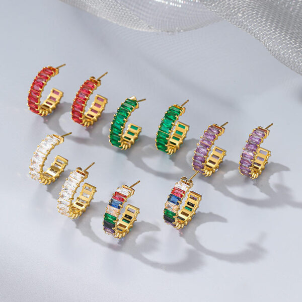 Wholesale Colored Zircon Stainless Steel Gold Plated C Shape Earrings