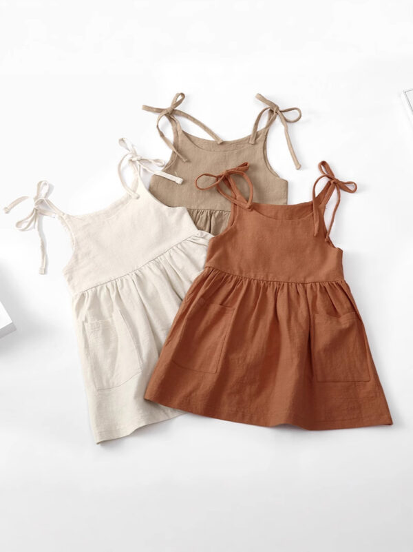 Wholesale Solid Color Cotton and Linen 2 Side Pockets Suspenders Lace-up Children's Suspender Dress