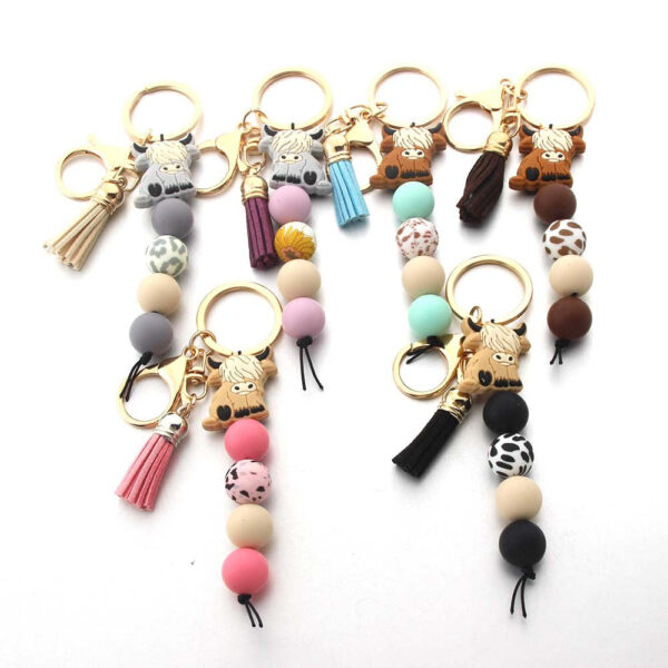 Wholesale Silicone Bead Cute Highland Cow Keychain
