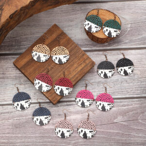 Wholesale Cross-Border fashion retro leopard wood chip leather combination round earrings women's earrings AliExpress Amazon