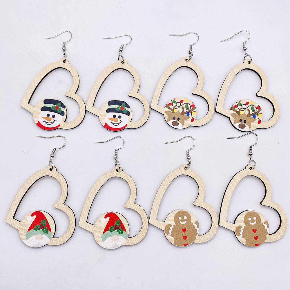 Wholesale Christmas Wooden Earrings Elk Gnome Heart Shape