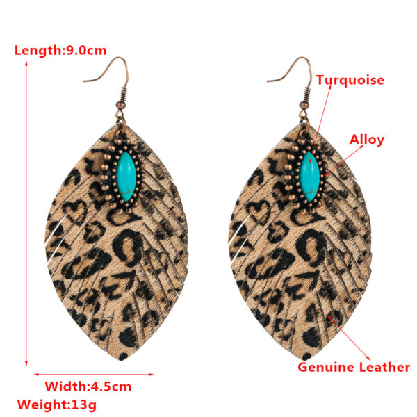 Wholesale Horsehair Genuine Leather Leaf Tassel Vintage Turquoise Leopard Earrings