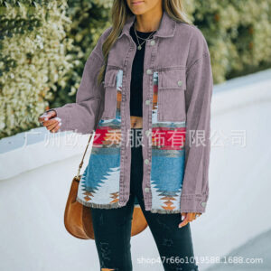 068 Brick Red-Denim Woolen Aztec Coat / XL