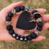 Wholesale Black Heart Leopard Pattern Silicone Beaded Wrist Key Chain