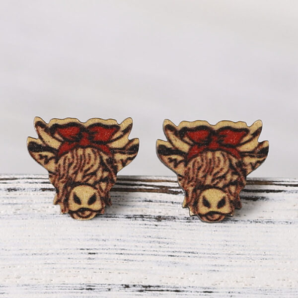 Wholesale Western Cowboy Highland Cow Bow Tie Bull Head Wooden Earrings