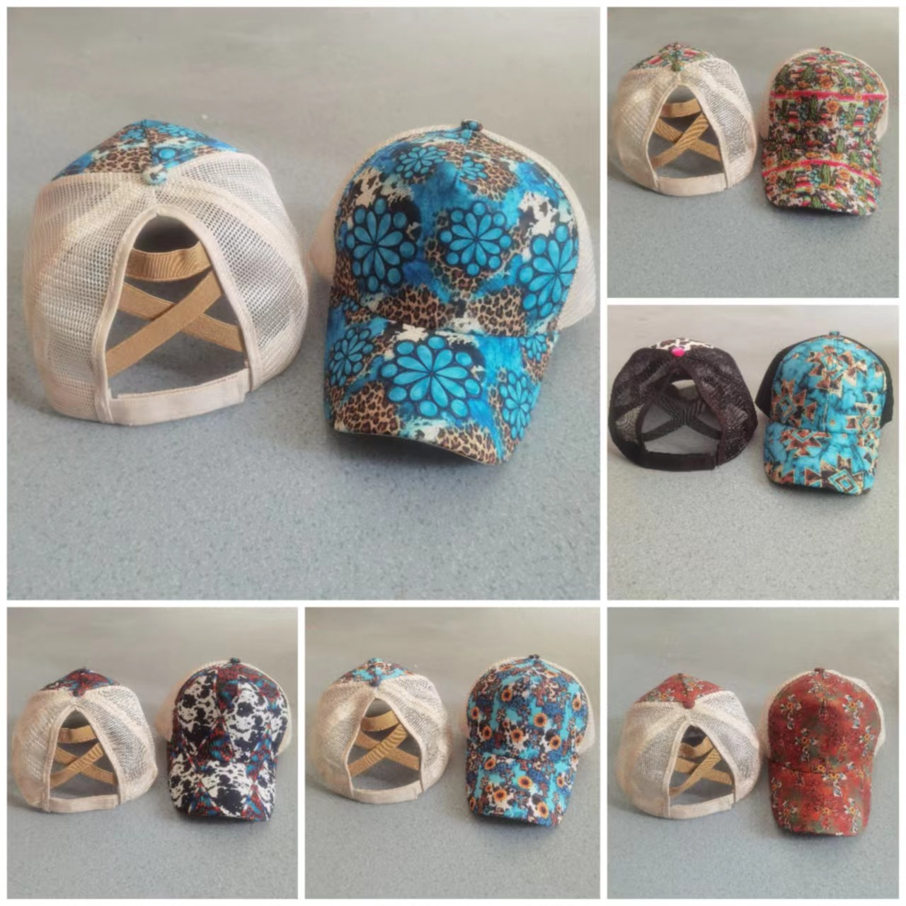 Wholesale Cross nytail baseball cap women's spring and summer printed jacquard peaked cap brushed sun protection sun hat breathable mesh cap