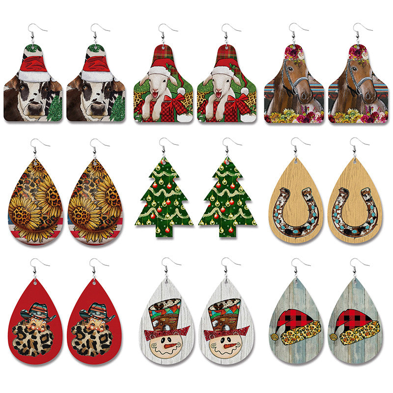 Wholesale Christmas Cow Sheep Animal Western Style Suower Retro PU Leather Earrings