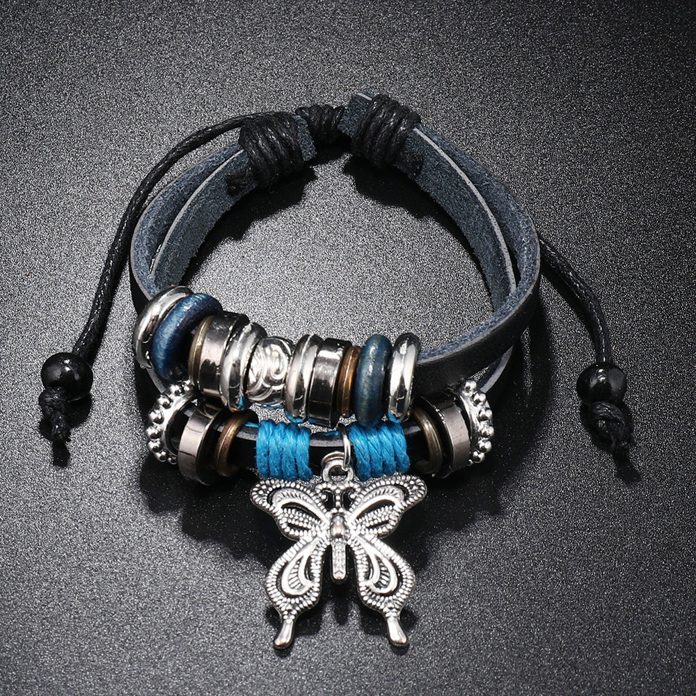 Wholesale Alloy Butterfly Pendant Woven Cowhide Bracelet
