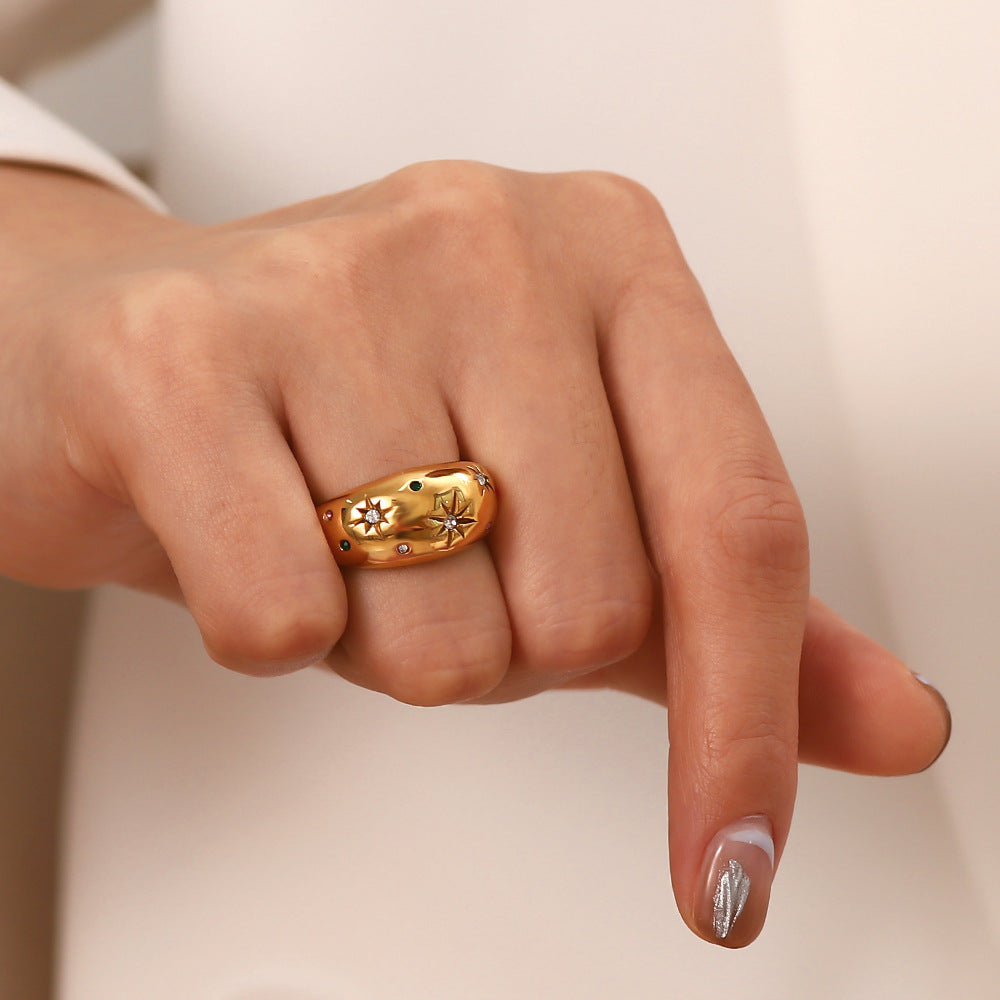 Wholesale 18K Gold Stainless Steel Six inted Star Zircon Ring