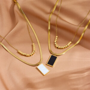 Wholesale Stainless Steel Geometric Black Square Double Layer Necklace